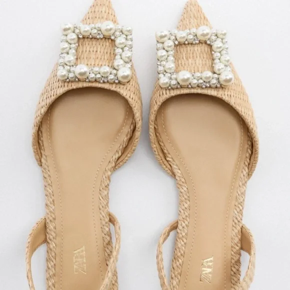 Zara pearl embellished flat slingbacks NWT - Picture 3 of 9
